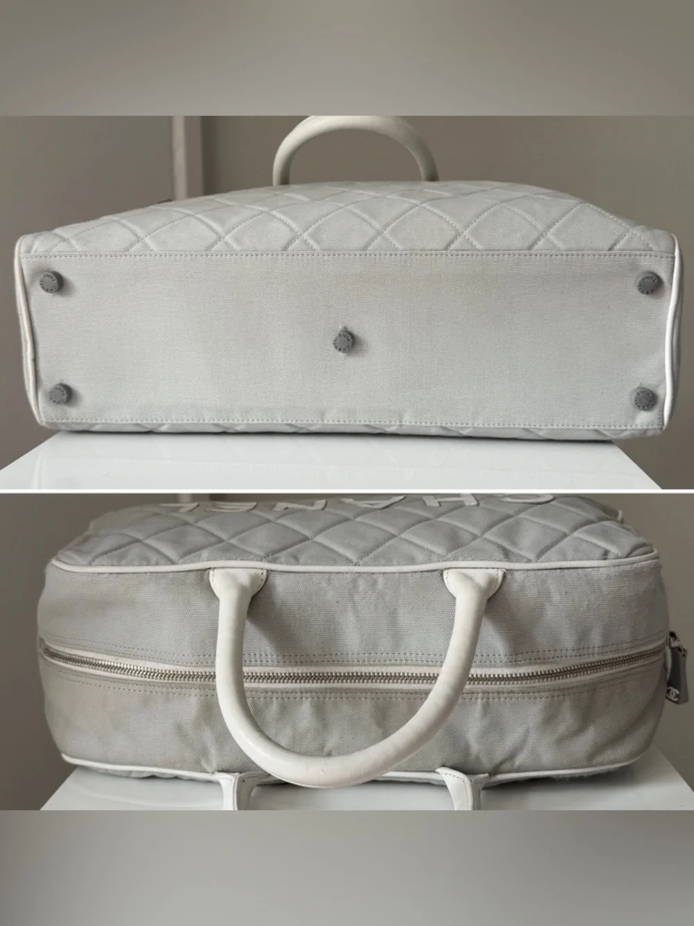 Chanel Sports Line Quilted Logo Bowler Bag Grey Canvas White Leather Trim